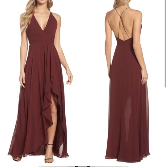 Jenny Yoo BHLDN Farrah Gown Ruffle Skirt Front Slit Chiffon Hibiscus Red Maroon - Picture 1 of 10